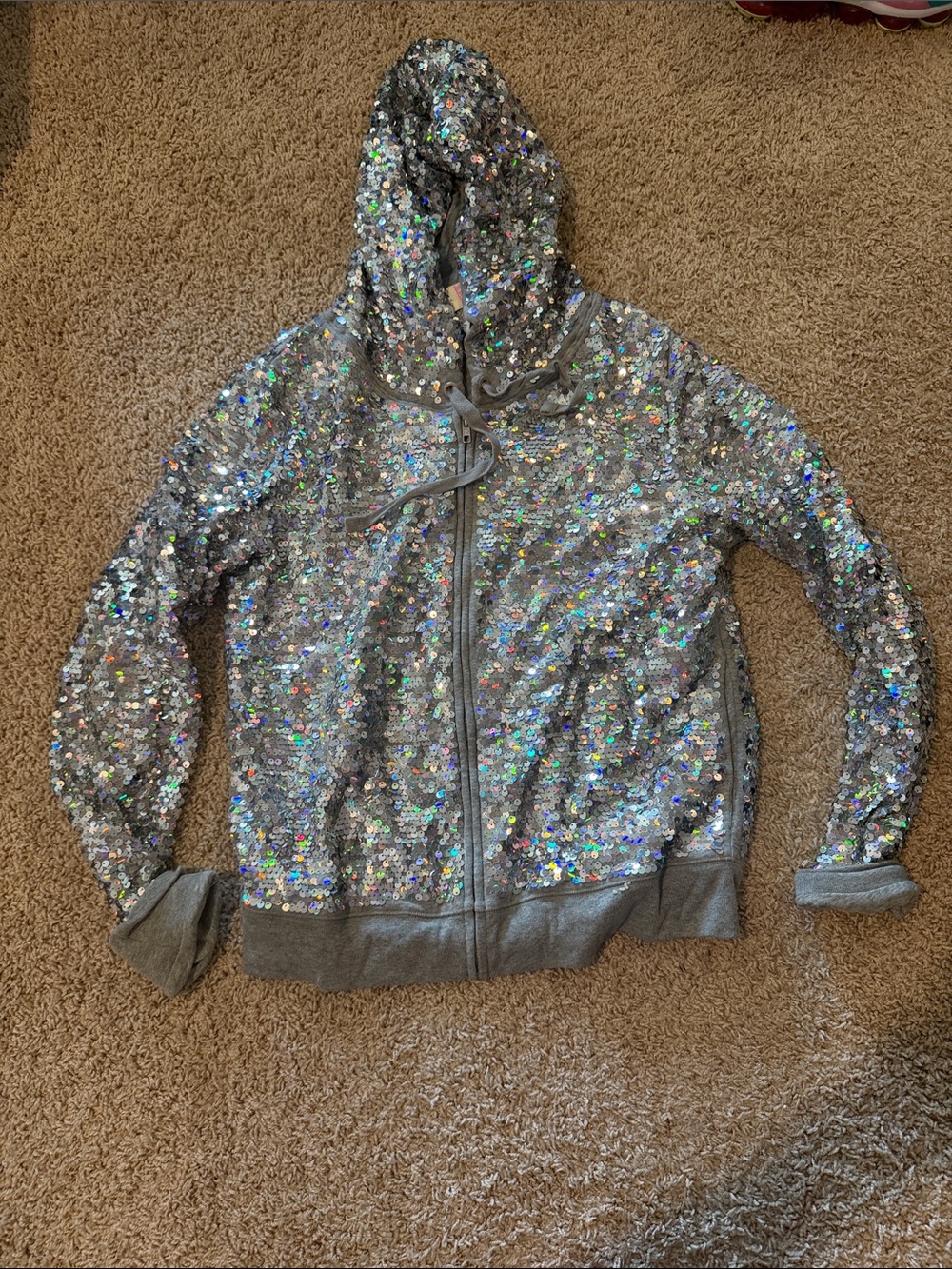 PINK Victoria's Secret Silver Sequin Zip-Up Hoodie